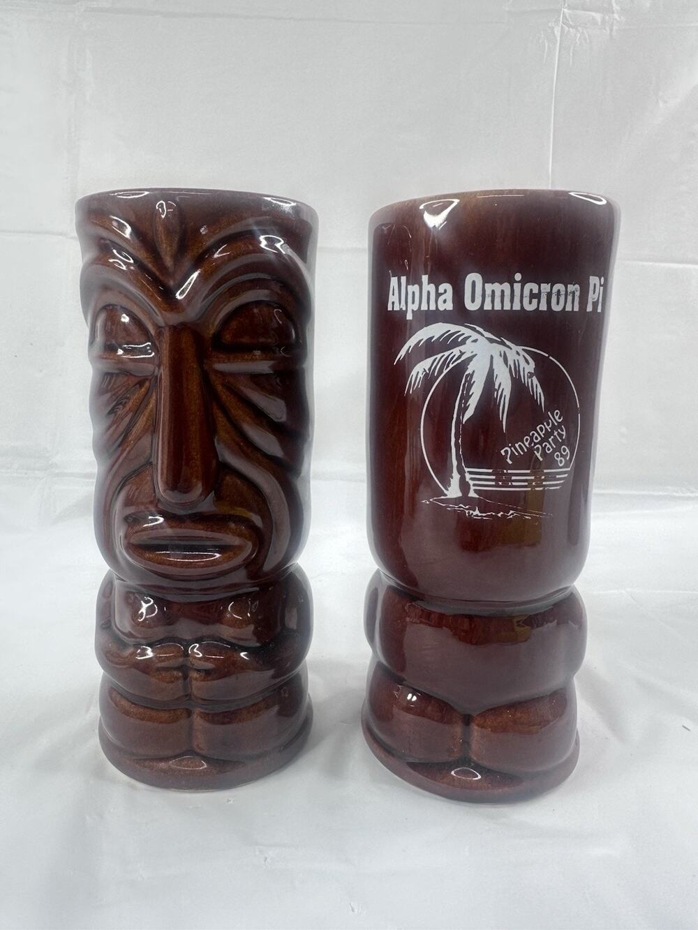 Pair of Alpha Omnicron Pi Pineapple Party ‘89 Tiki Cups Polynesian Luau Hawaiian